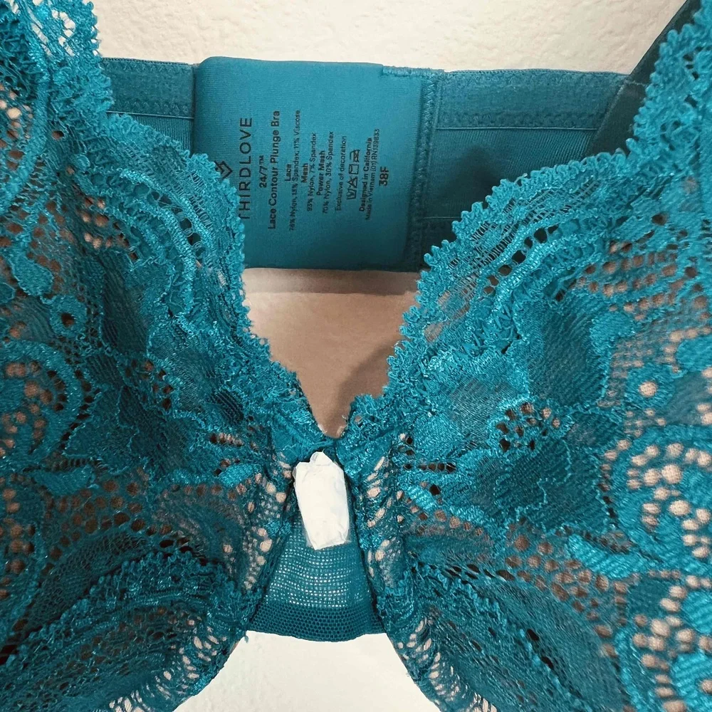 ThirdLove Size 38F Bra Teal Contour Plunge Underwire Padded Lace‎ NWOT
